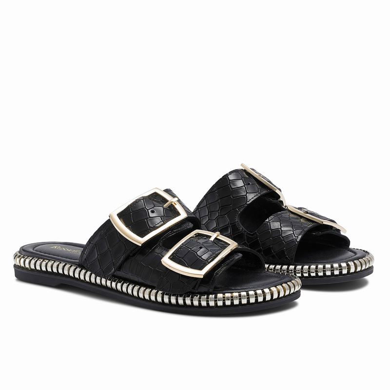 Black Russell And Bromley Gold Mine Women's Flat Sandals | FTT1669LI