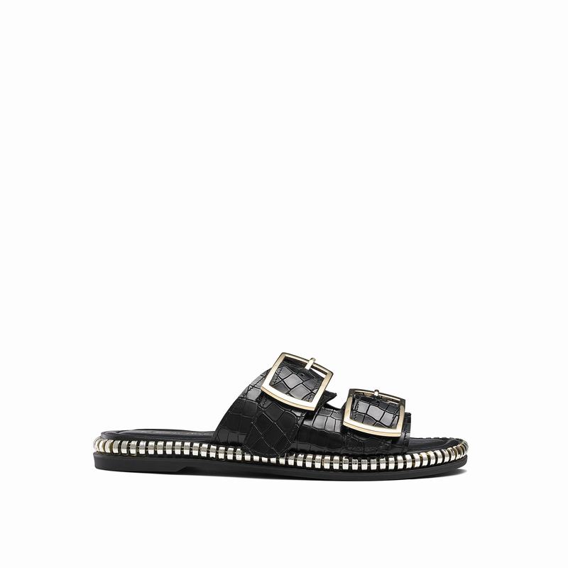 Black Russell And Bromley Gold Mine Women\'s Flat Sandals | FTT1669LI